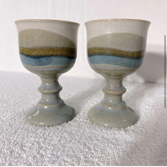 Vintage Stemmed  Goblet Handcrafted Stoneware Beige Blue Tan Band x2 - Picture 4 of 12
